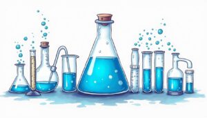 Draw an illustration of a vibrant blue liquid in a laboratory setting