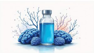 An elegant bottle of methylene blue supplement surrounded by vibrant brain imagery