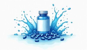 An open bottle of methylene blue capsules surrounded by vibrant blue splashes and a few capsules scattered around